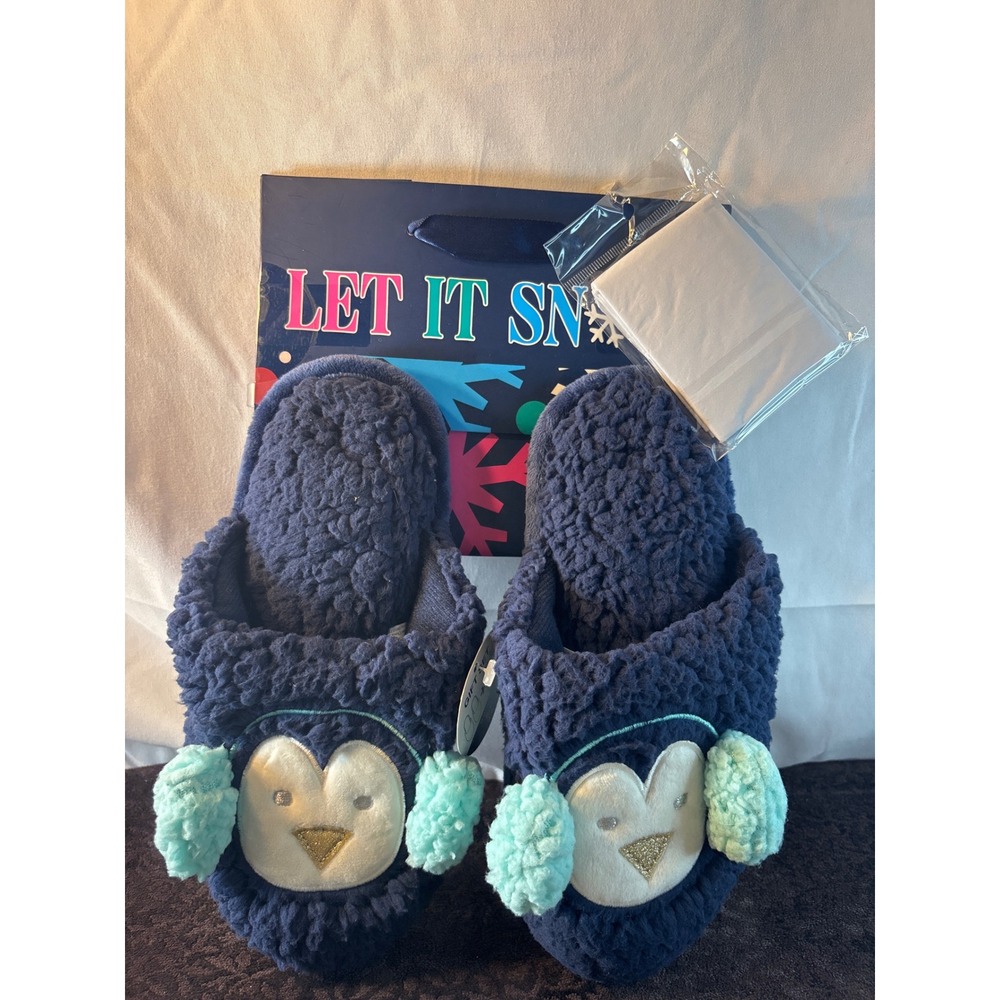 New Womens Penguin Slippers Gift Set Navy Blue Sherpa House Shoes Size S 5-6
